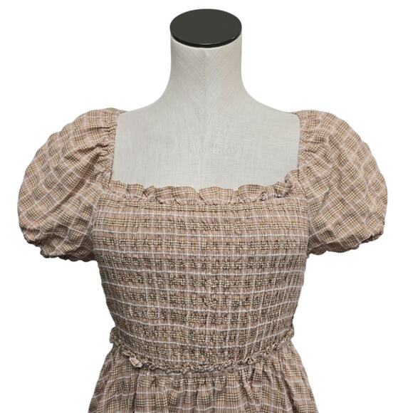 Mabel Brown Plaid Cottage Core Dress Size Medium‎ Puff Sleeve Lace Up Back - Picture 7 of 9